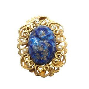 Vintage Victorian Style Gold Plated Brooch With Faux Pearl Lapis Filigree Design